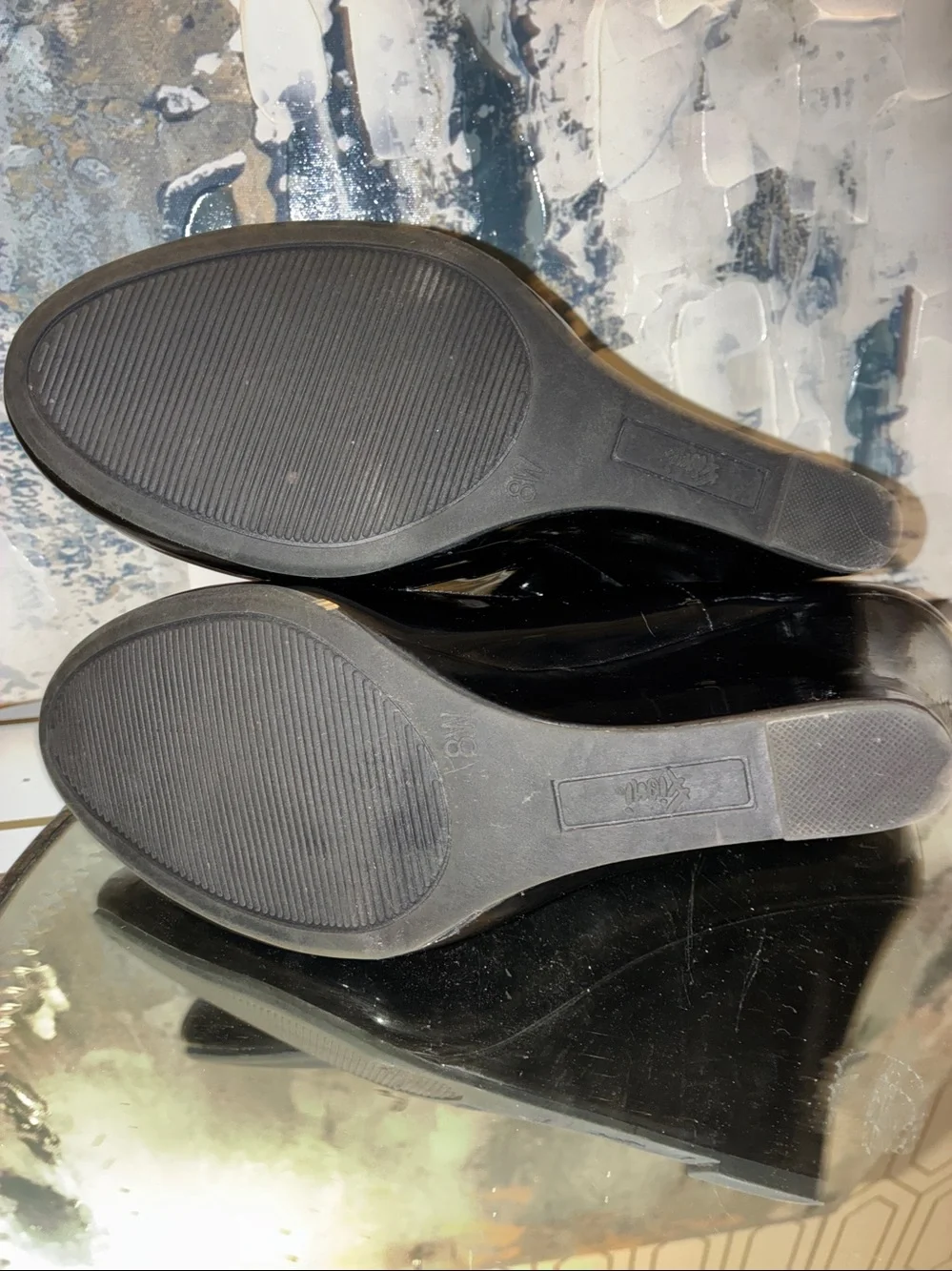 Genuine Fioni Black Patent Wedge Pumps with Silver Medallion Size 6.5